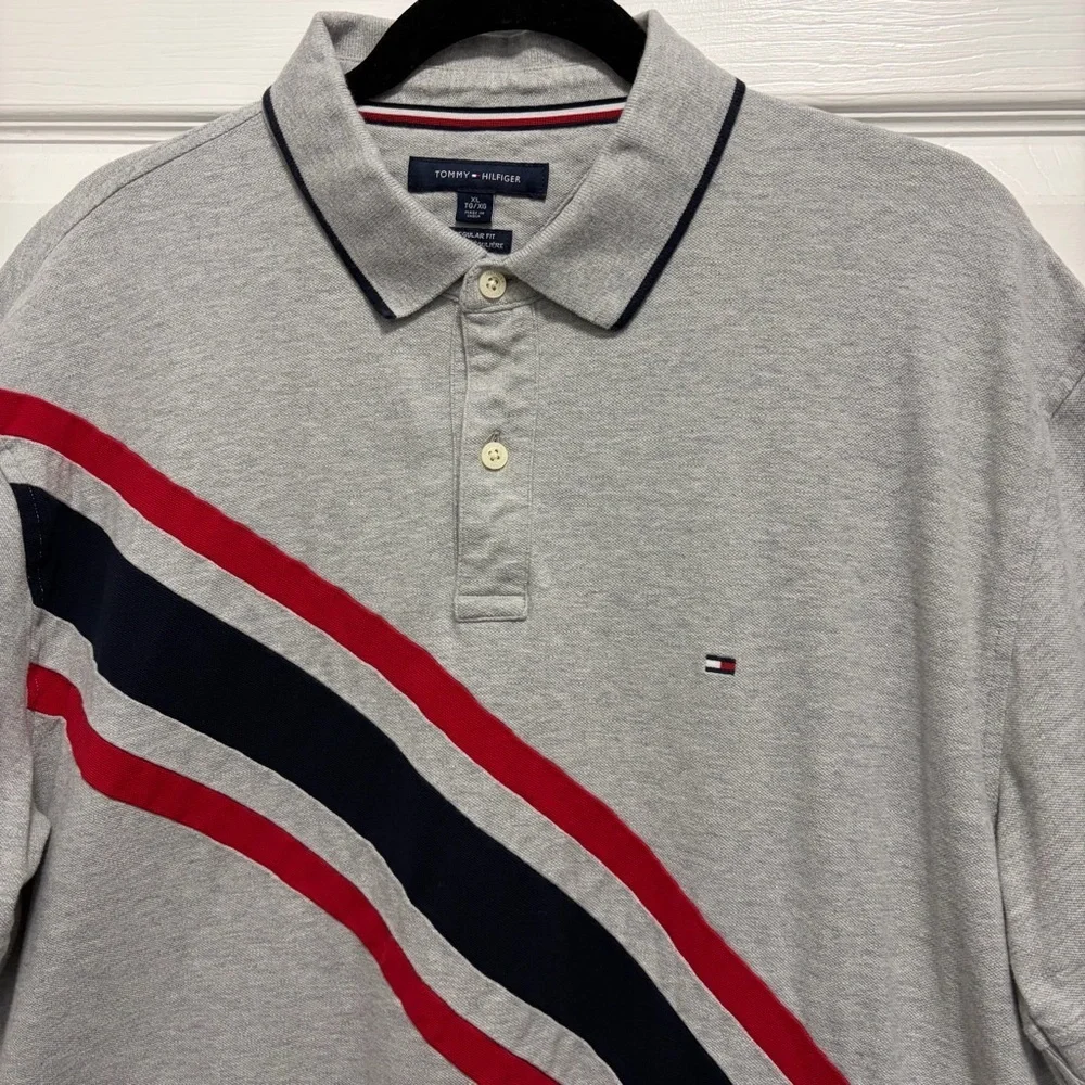 Tommy Hilfiger Gray Polo with Red and Navy Diagonal Stripes
